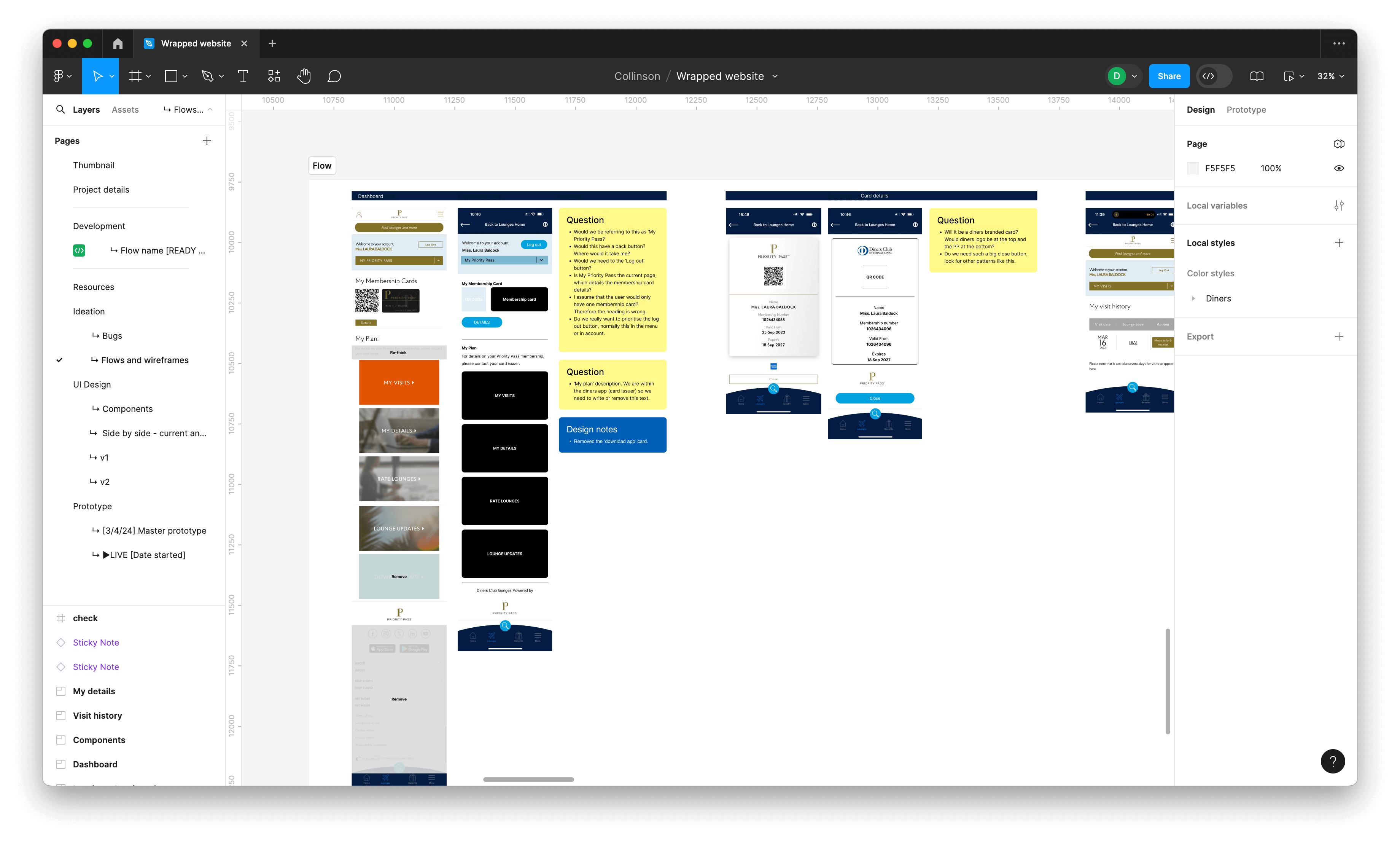 Early wireframes for Diners